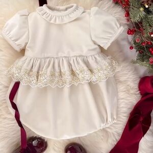 Spanish style velvet cream romper with gold lace